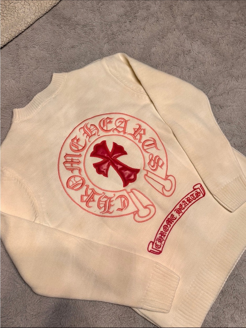 Chrome Hearts White & Pink Cashmere Cotton Cross Logo Knit Sweater NWT M